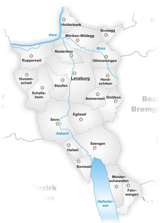 Karte der Gemeinden im Bezirk Aarau