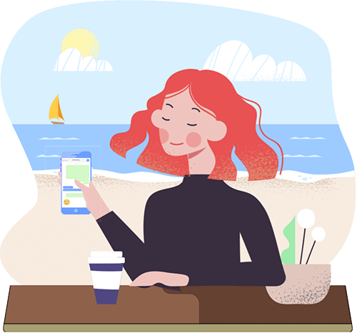 Illustration einer Frau mit Handy am Strand