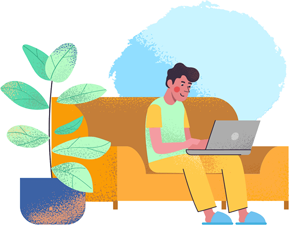 Illustration von einem Mann auf dem Sofa mit Laptop