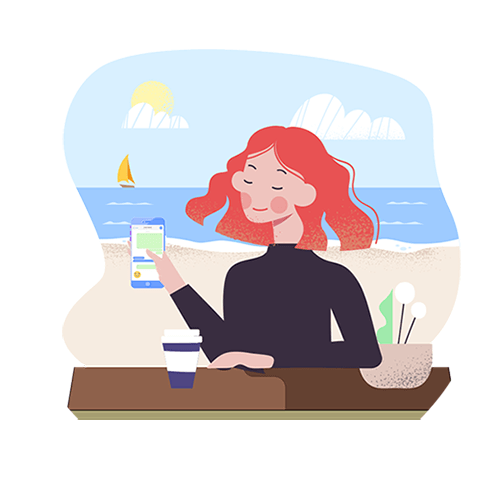 Illustration von Frau mit Handy vor dem Strand